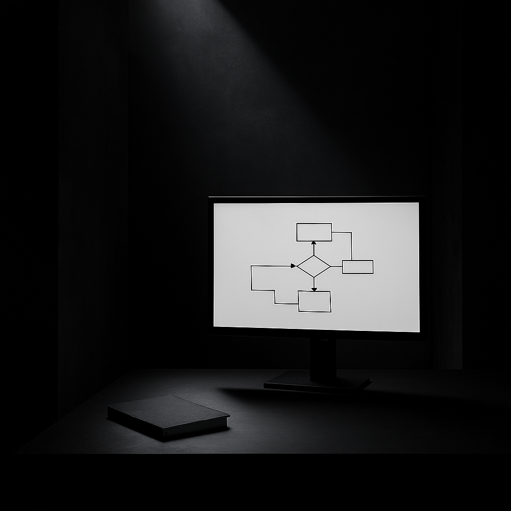 Dark interior with a monitor showing a minimal workflow diagram in shadow