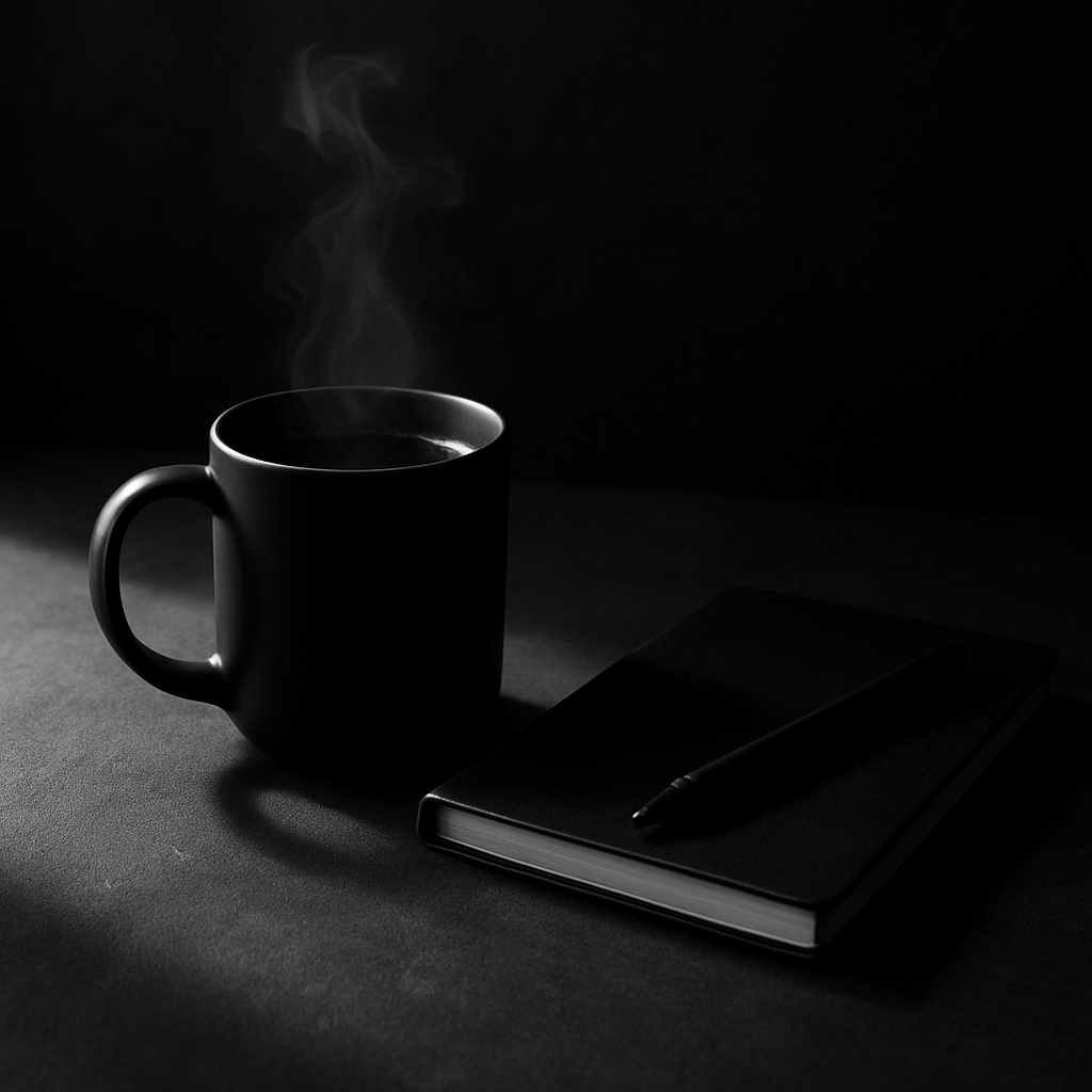 Open notebook with a handwritten list mapping process steps, coffee mug beside it