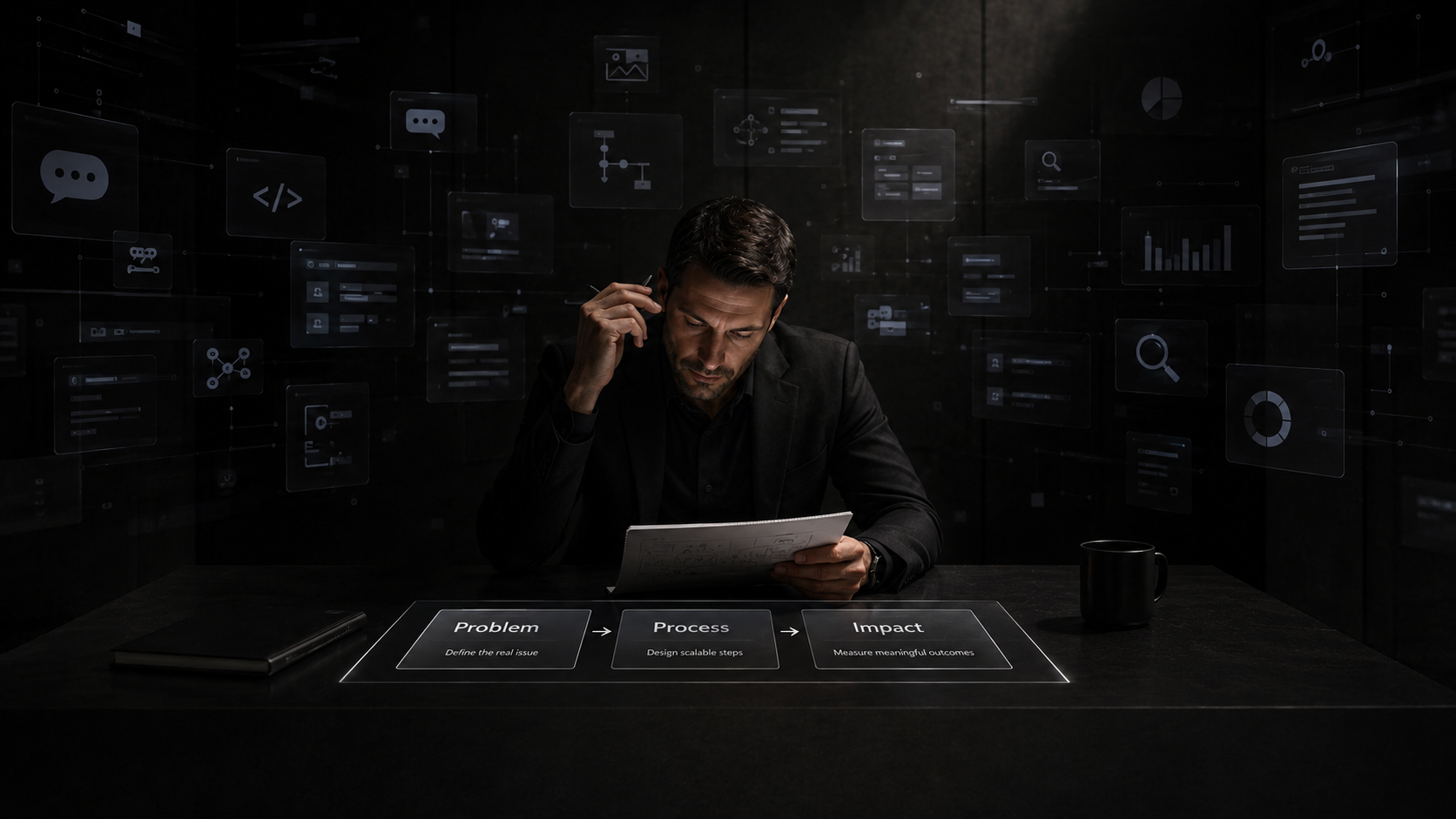 Business leader at a desk reviewing a structured Problem, Process, Impact framework surrounded by digital interfaces