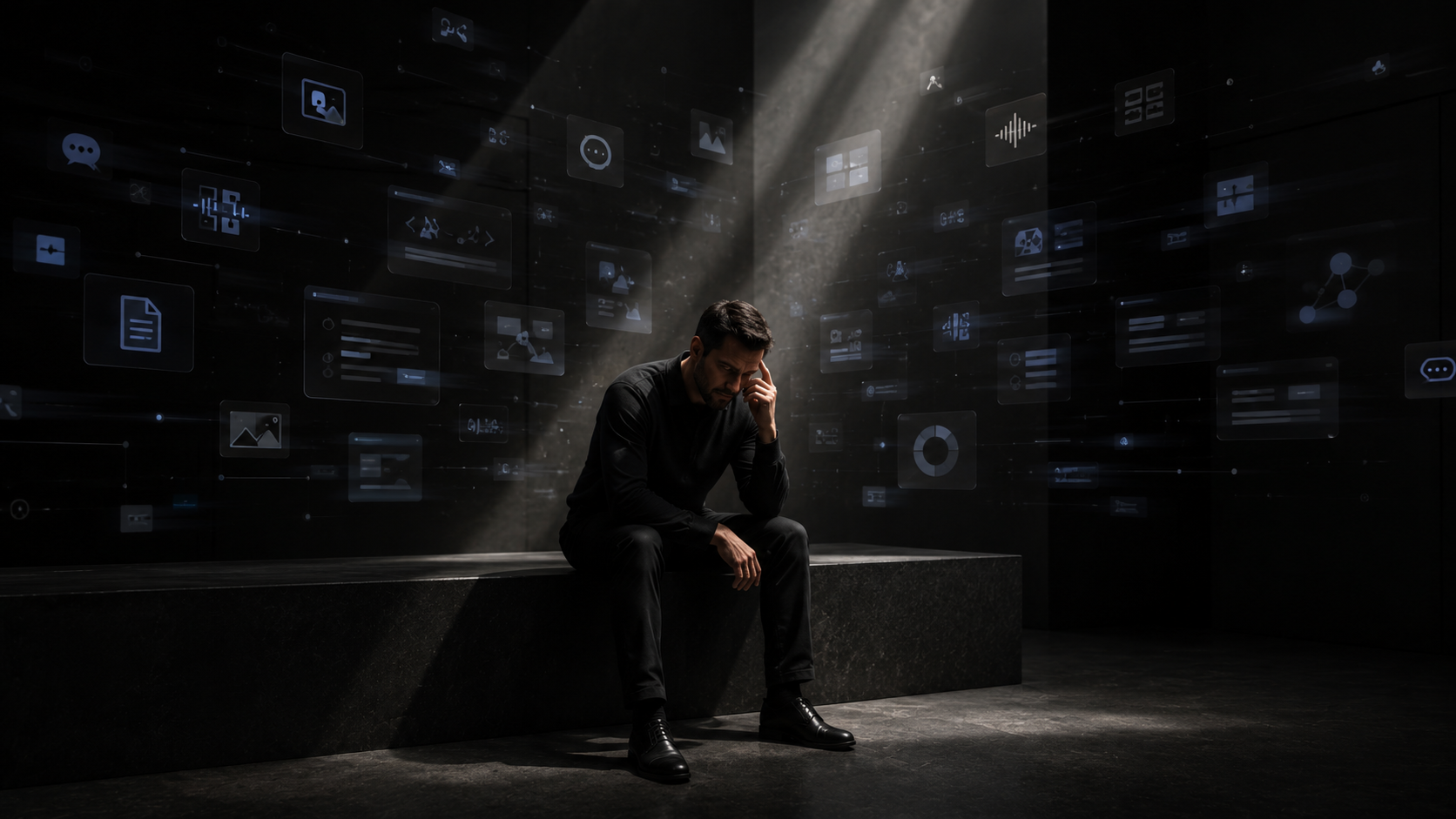 A leader overwhelmed and isolated, surrounded by a wall of digital interfaces and data panels