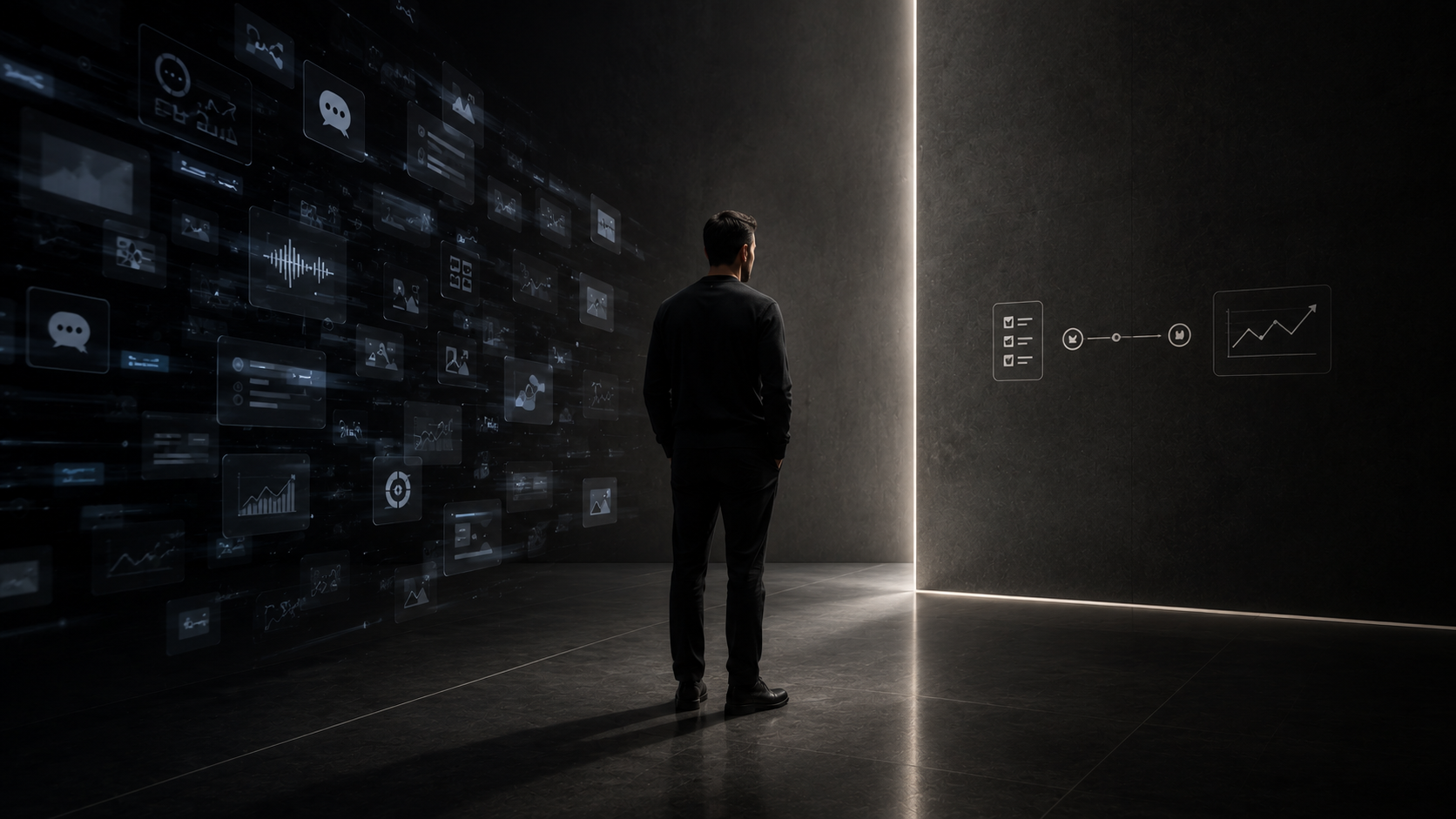 A figure standing between a wall of digital noise and a clear, minimal space representing clarity and focus