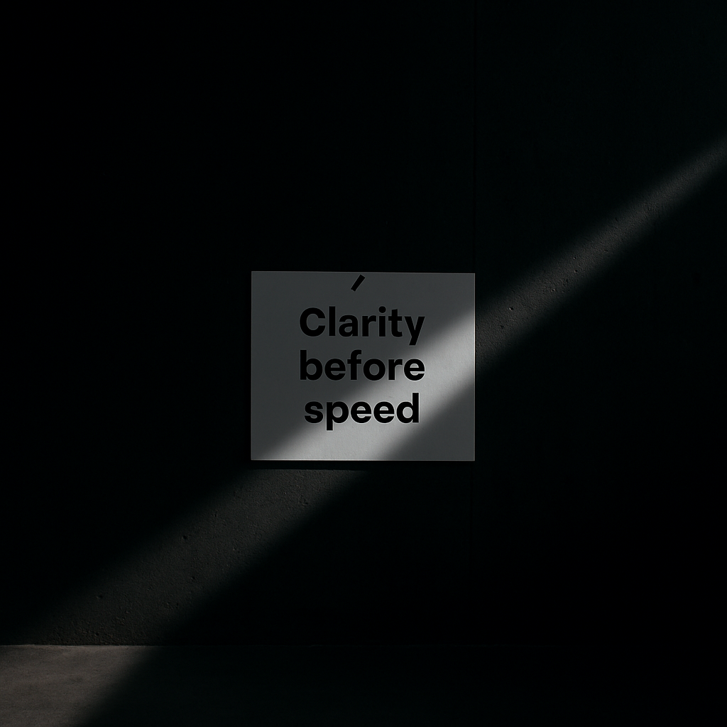 Dark concrete wall with a pinned index card reading Clarity before speed