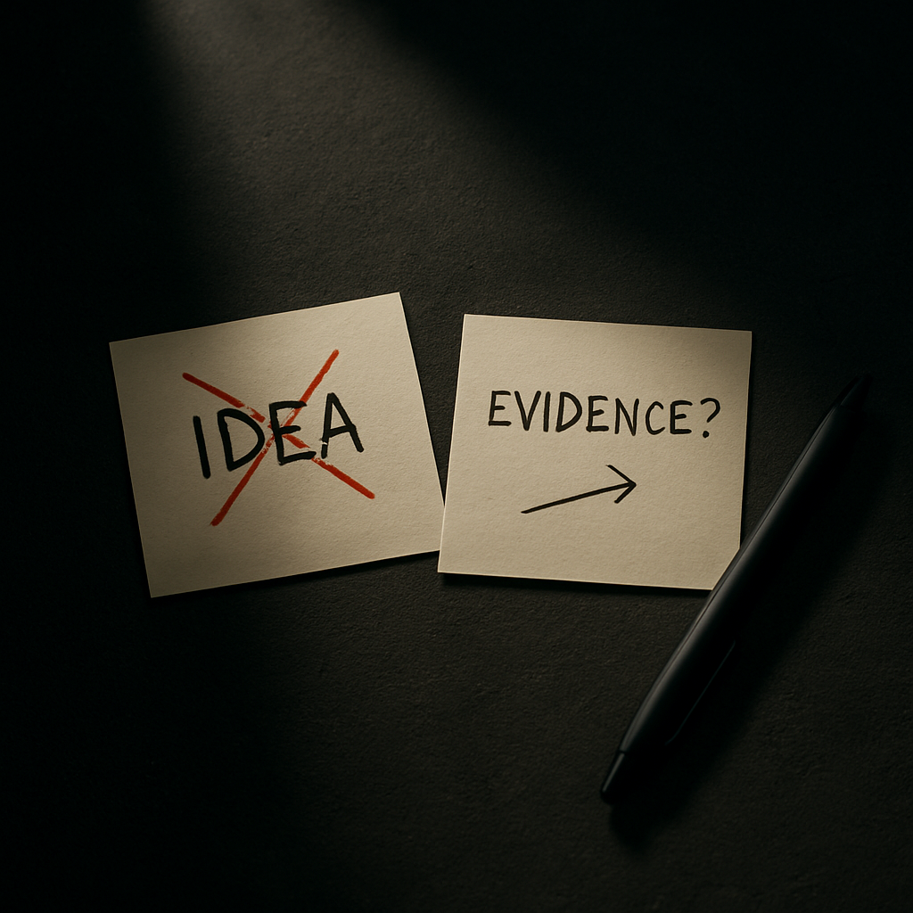 A handwritten note questioning evidence versus excitement for a new business idea