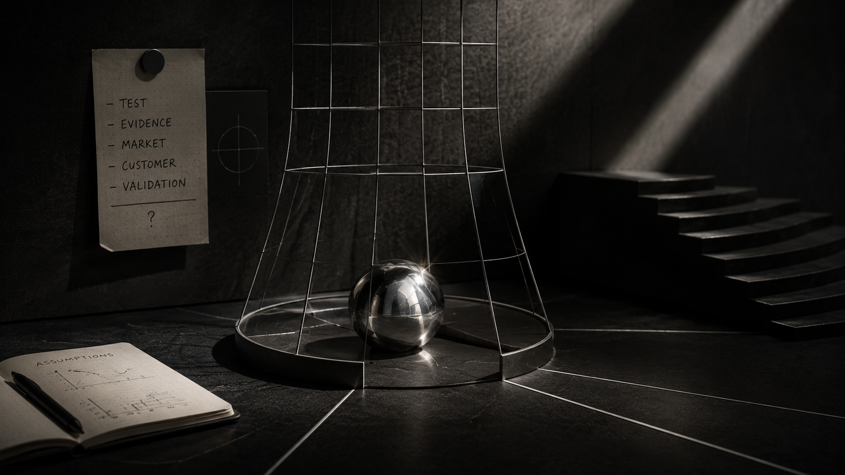 Shiny object trapped under geometric cage representing untested business ideas