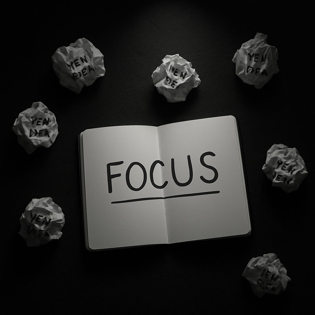 Open notebook with the word Focus underlined, surrounded by crumpled new idea notes