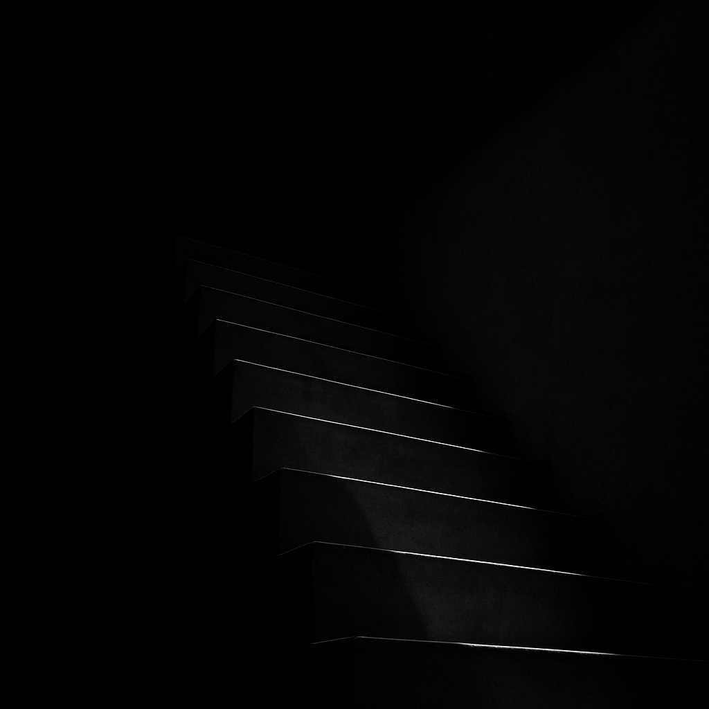 Dark architectural staircase with a handwritten note reading Stay the course