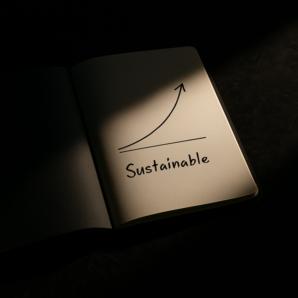 Open notebook with a handwritten growth chart and the word Sustainable written below